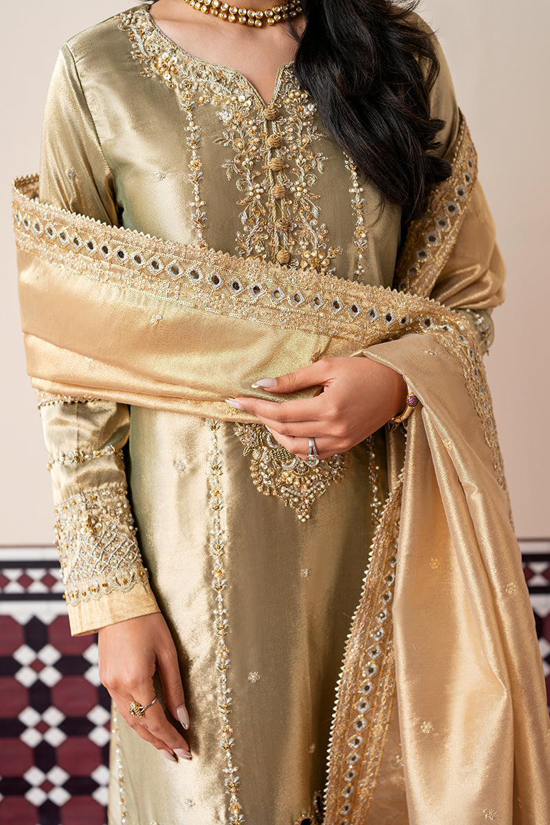 Mushq Sunehri Ramsha Edit Zari Tissue Silk Stitched 3Pc Suit - Soraya
