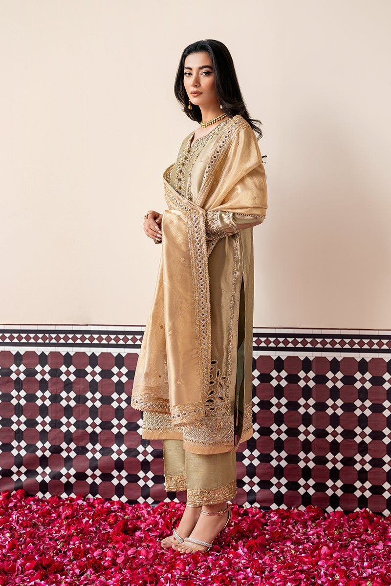Mushq Sunehri Ramsha Edit Zari Tissue Silk Stitched 3Pc Suit - Soraya
