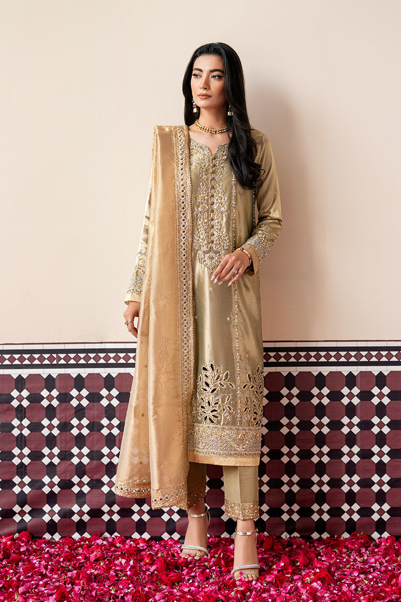 Mushq Sunehri Ramsha Edit Zari Tissue Silk Stitched 3Pc Suit - Soraya