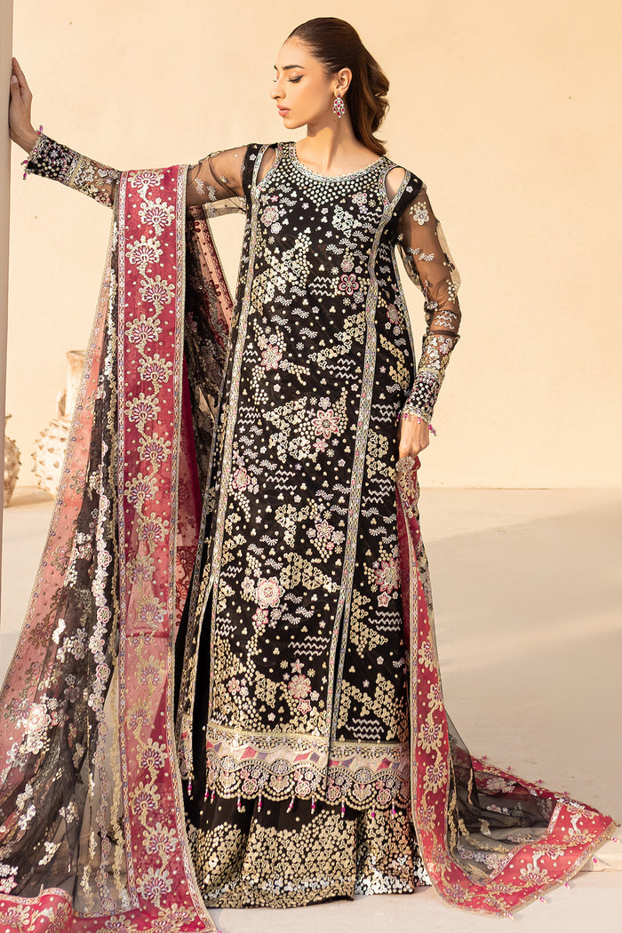 Farasha LU ZELLA Embroidered Net Unstitched 3Pc Suit D-10 STARDUST NOIR