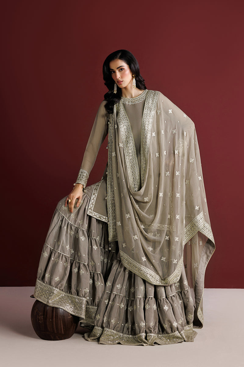 Farasha Luxury Formal Embroidered Chiffon Unstitched 3Pc Suit - Stone Haze