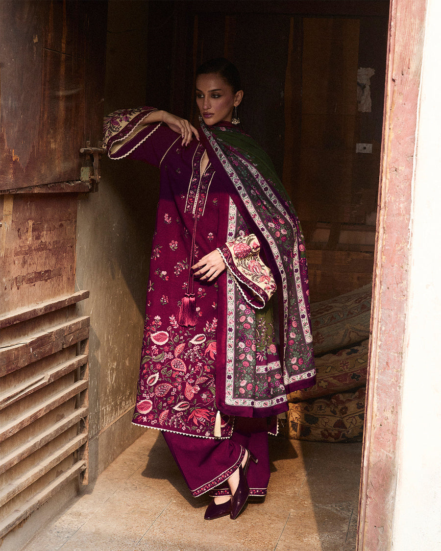 Jugnu Lahore Womenswear Embroidered Karandi Unstitched 3Pc Suit - TIRAN