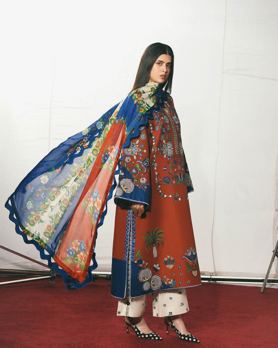Jugnu Lahore The Reserved View Embroidered Cotton Unstitched 3Pc Suit - Tahmi