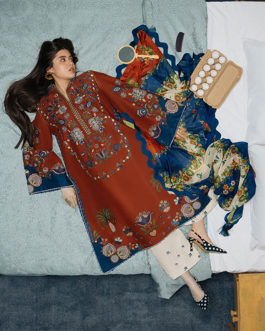 Jugnu Lahore The Reserved View Embroidered Cotton Unstitched 3Pc Suit - Tahmi