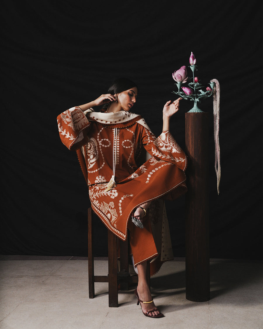 Jugnu Lahore Womenswear Embroidered Karandi Unstitched 3Pc Suit - TAZETTA