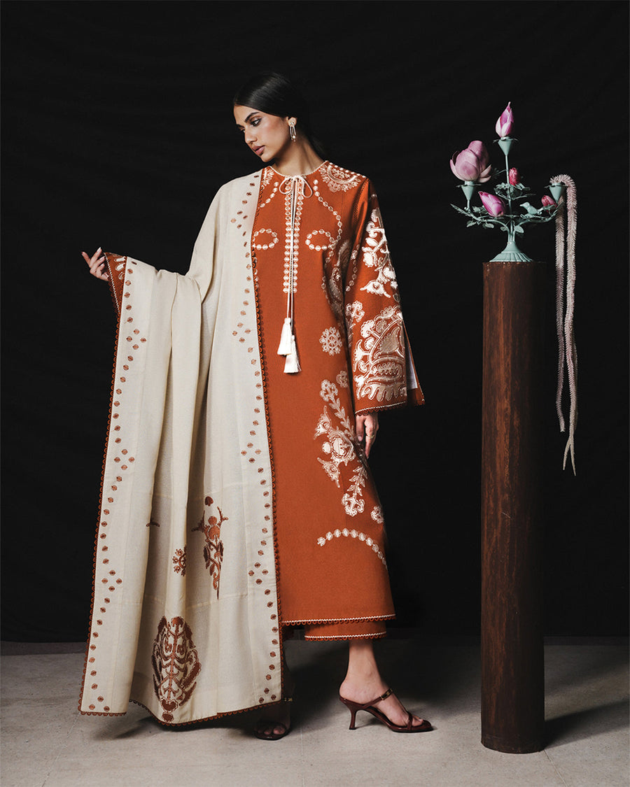 Jugnu Lahore Womenswear Embroidered Karandi Unstitched 3Pc Suit - TAZETTA