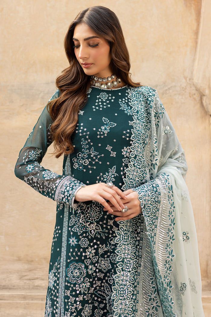 Farasha Ritzier Embroidered Chiffon Unstitched 3Pc Suit - Teal Dreams