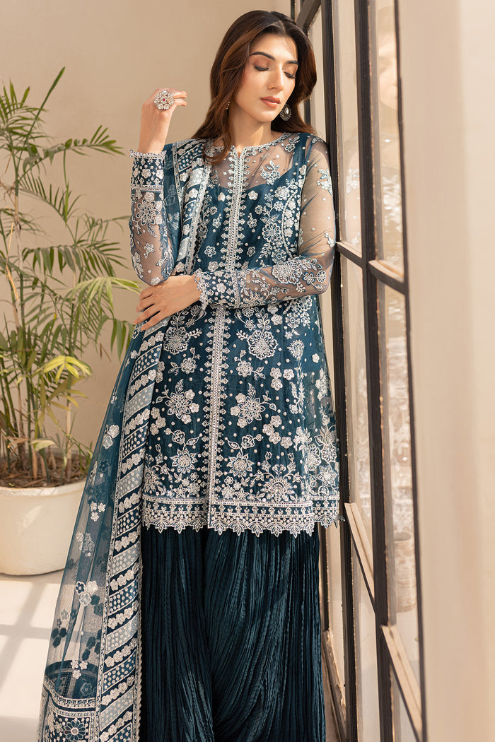 Farasha LU ZELLA Embroidered Net Unstitched 3Pc Suit D-04 TEAL DRIZZLE