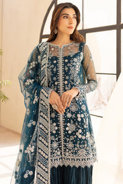 Farasha LU ZELLA Embroidered Net Unstitched 3Pc Suit D-04 TEAL DRIZZLE