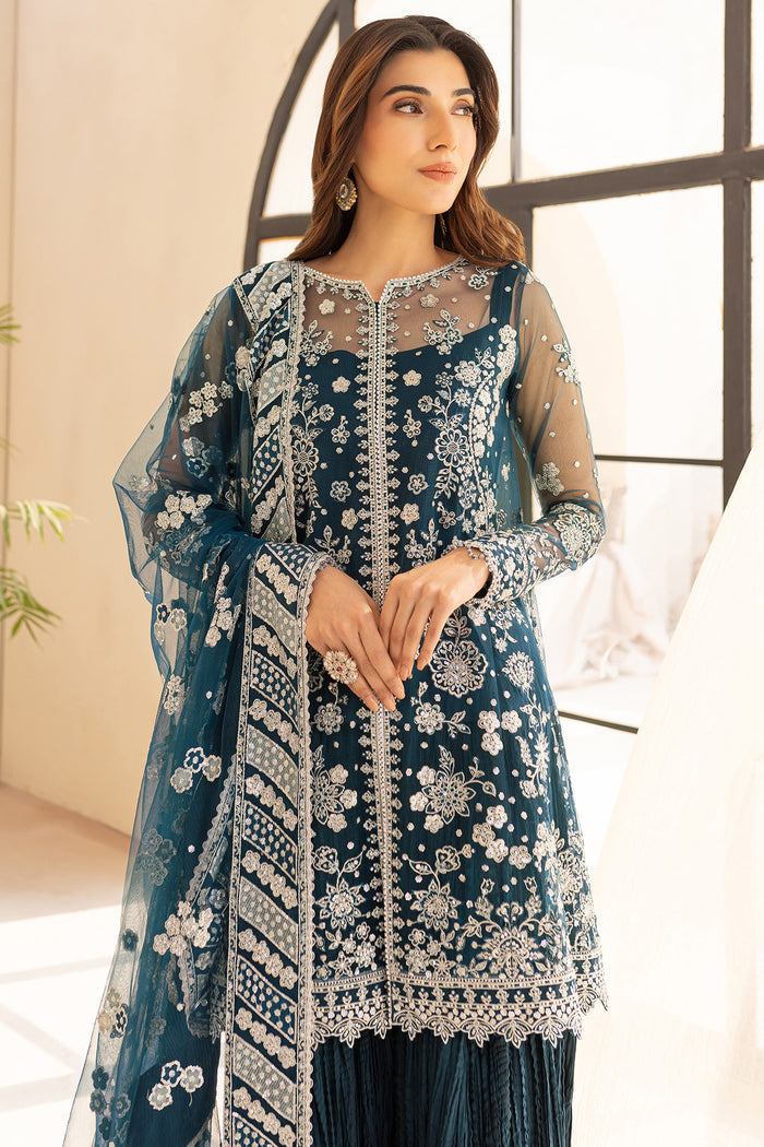 Farasha LU ZELLA Embroidered Net Unstitched 3Pc Suit D-04 TEAL DRIZZLE