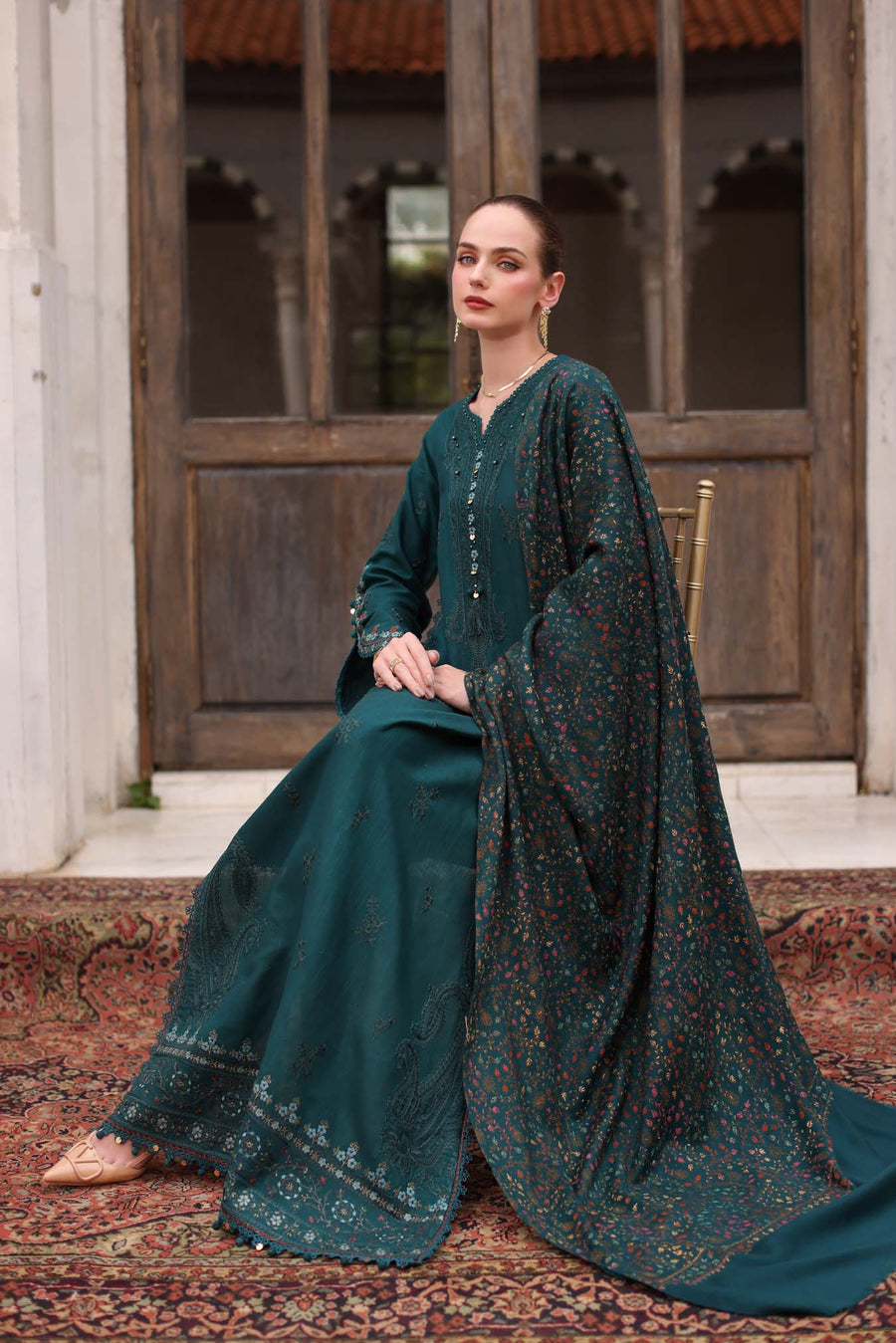 Noor by Saadia Asad Embroidered Khaddar Unstitched 3Pc Suit D-11 Teal Empress