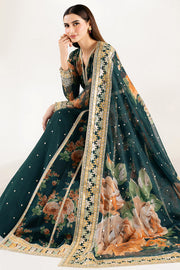 Farasha Fiorella Embroidered Chiffon Unstitched 3Pc Suit - Teal Passion