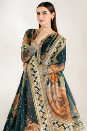 Farasha Fiorella Embroidered Chiffon Unstitched 3Pc Suit - Teal Passion