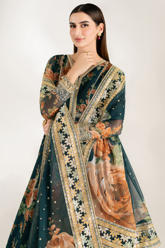 Farasha Fiorella Embroidered Chiffon Unstitched 3Pc Suit - Teal Passion