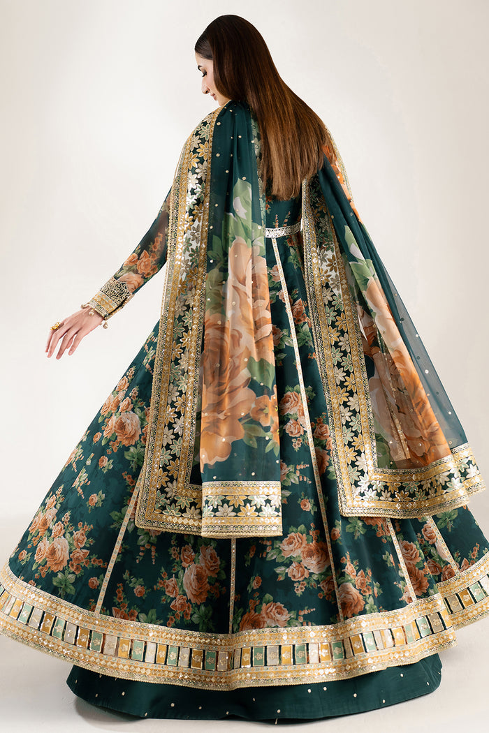 Farasha Fiorella Embroidered Chiffon Unstitched 3Pc Suit - Teal Passion