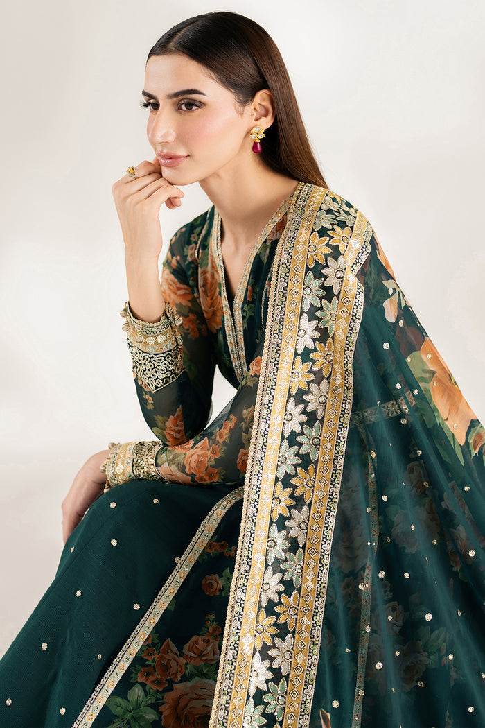 Farasha Fiorella Embroidered Chiffon Unstitched 3Pc Suit - Teal Passion