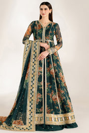 Farasha Fiorella Embroidered Chiffon Unstitched 3Pc Suit - Teal Passion