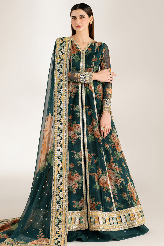 Farasha Fiorella Embroidered Chiffon Unstitched 3Pc Suit - Teal Passion