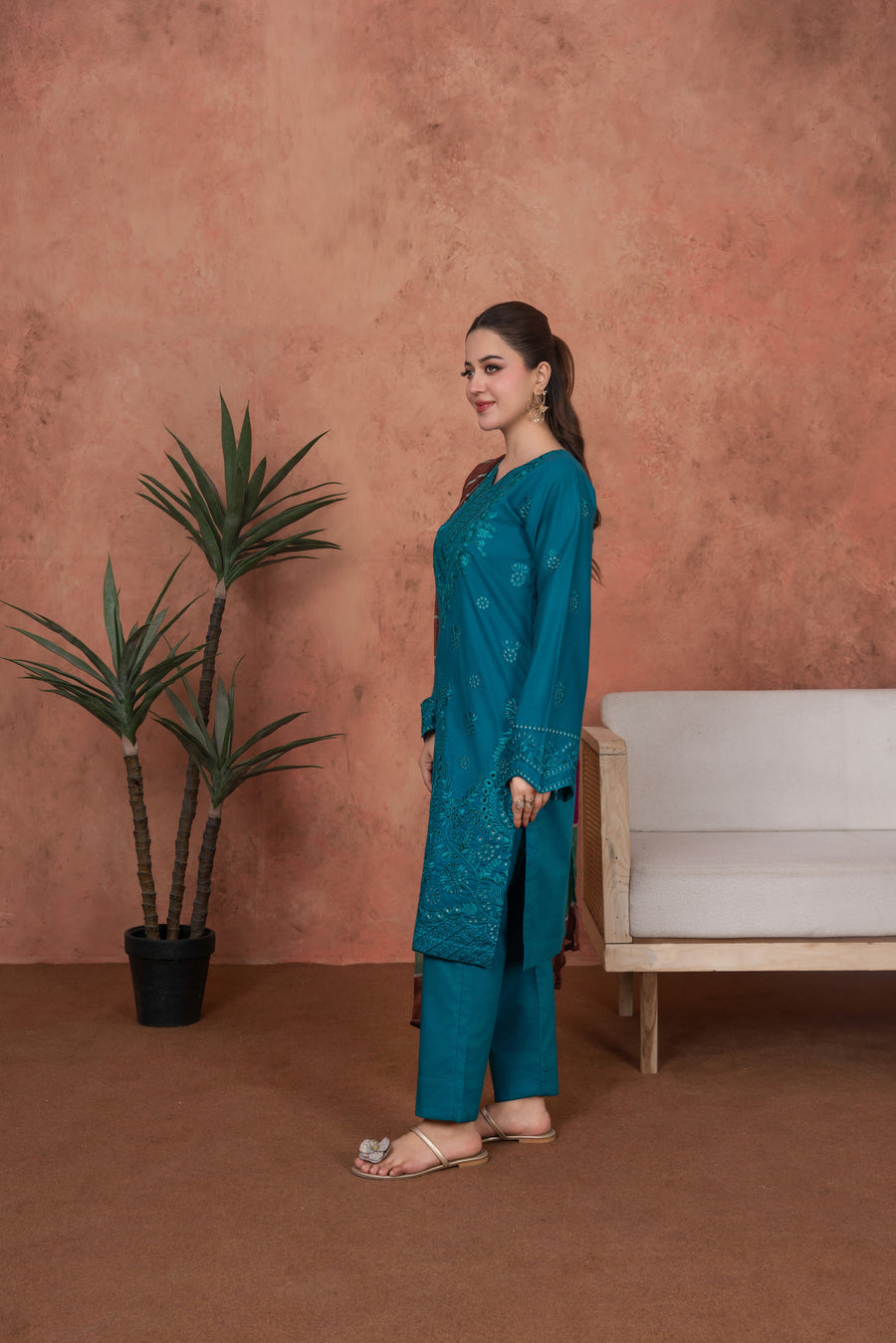 Feathers Premium Embroidered Lawn Unstitched 3Pc Suit - Teal Sultanate