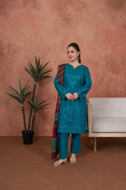 Feathers Premium Embroidered Lawn Unstitched 3Pc Suit - Teal Sultanate