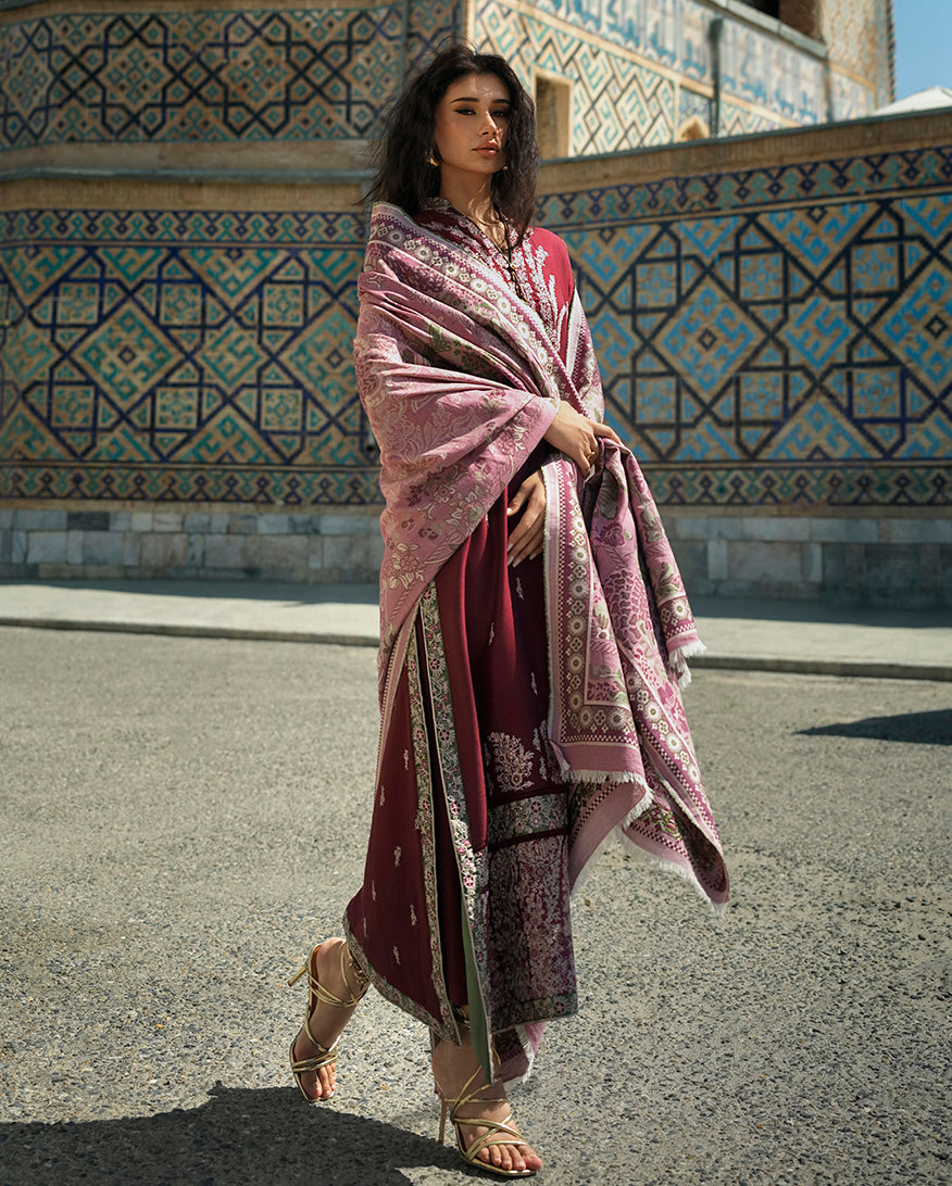 Mushq Broadway Embroidered Jacquard Unstitched 3Pc Suit - Timurid Rose