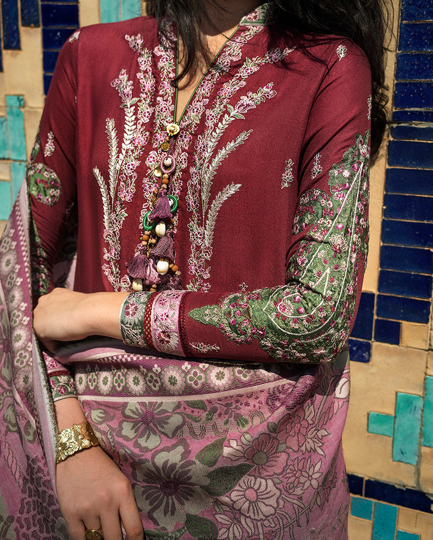Mushq Broadway Embroidered Jacquard Unstitched 3Pc Suit - Timurid Rose