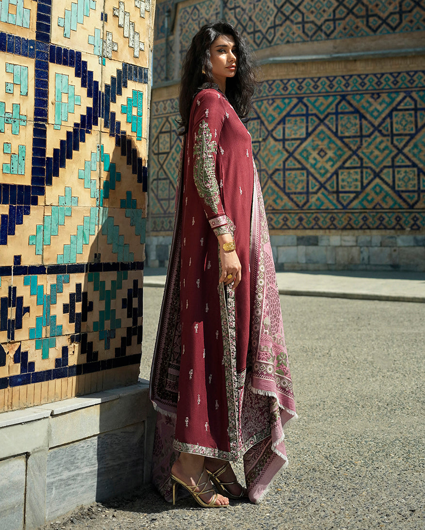 Mushq Broadway Embroidered Jacquard Unstitched 3Pc Suit - Timurid Rose