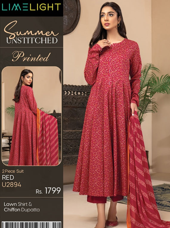 LimeLight Vol-03 Summer Unstitched Printed Lawn 2Pc Suit U2894 Red