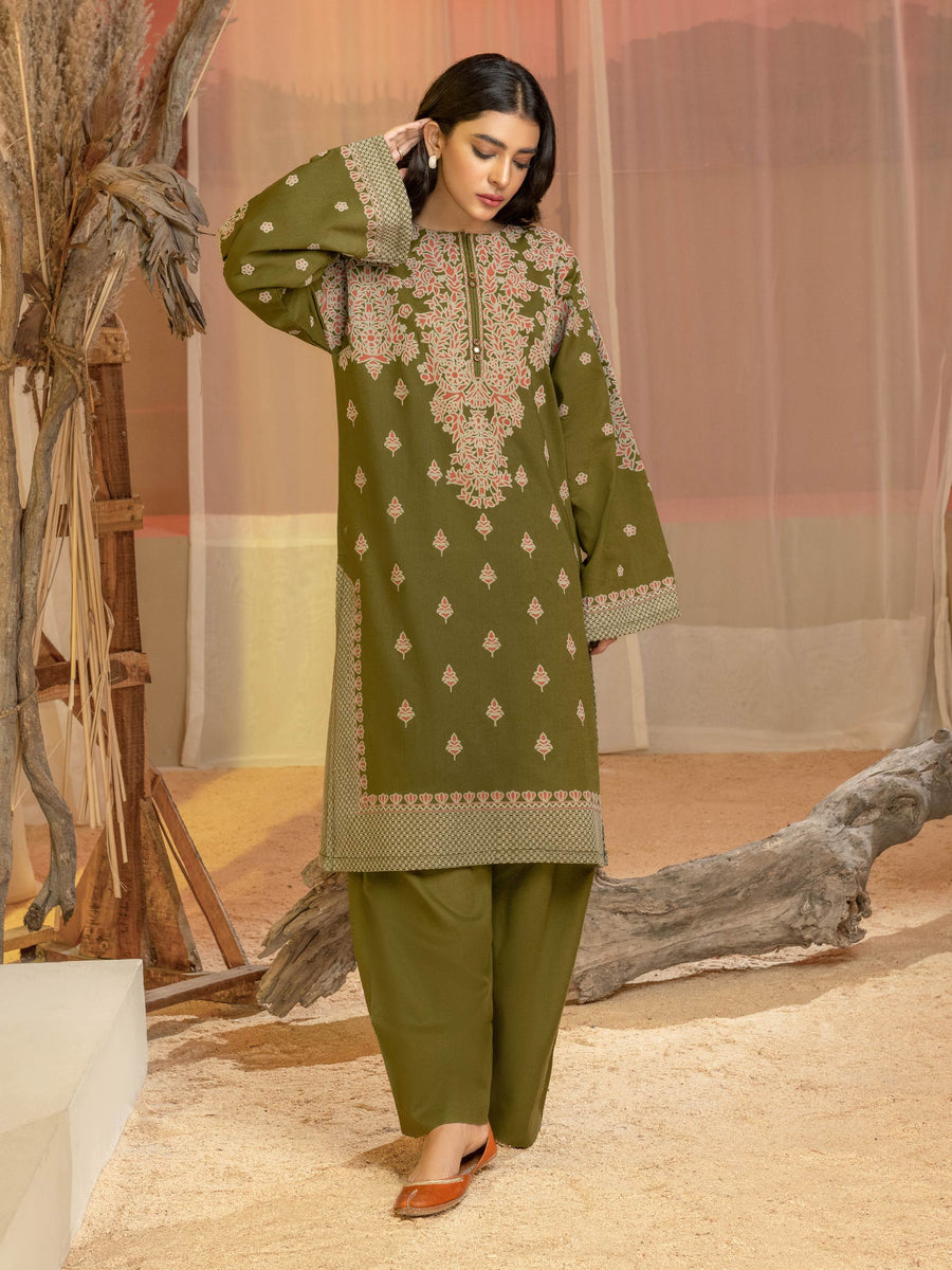 Limelight Winter Unstitched Printed Khaddar 2Pc Suit U3132 Olive Green