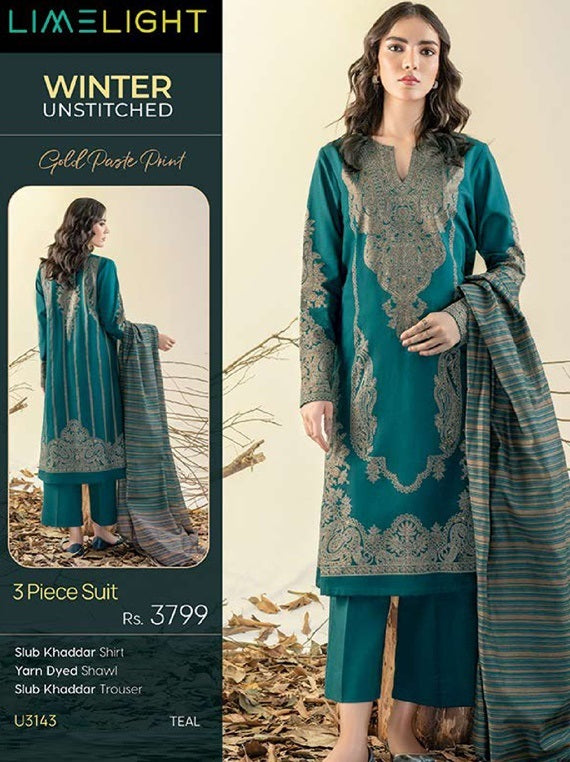 Limelight Winter Unstitched Printed Khaddar 3Pc Suit U3143 Teal