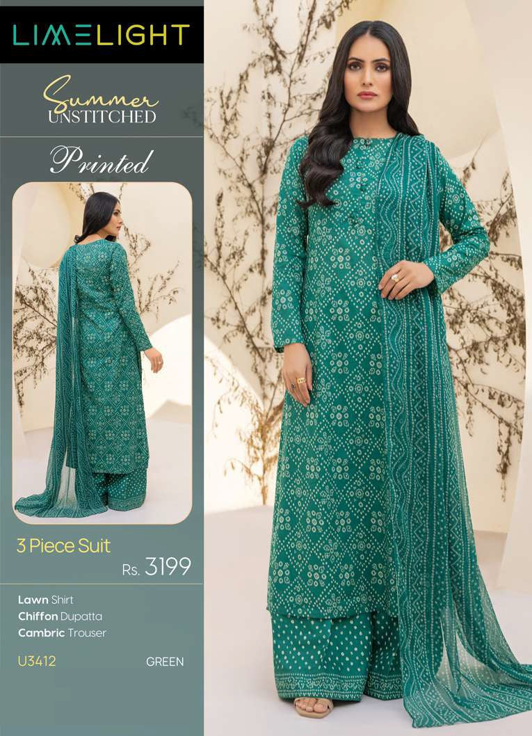 Limelight Summer Unstitched Printed Lawn 3Pc Suit U3412 Green