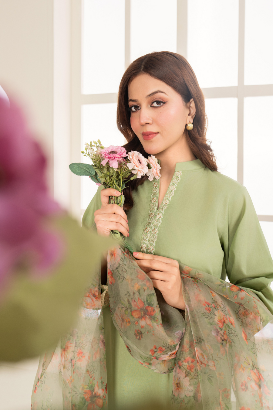 La Rosaa Akgalleria Embroidered Cotton Stitched 3Pc Suit - Zinnia