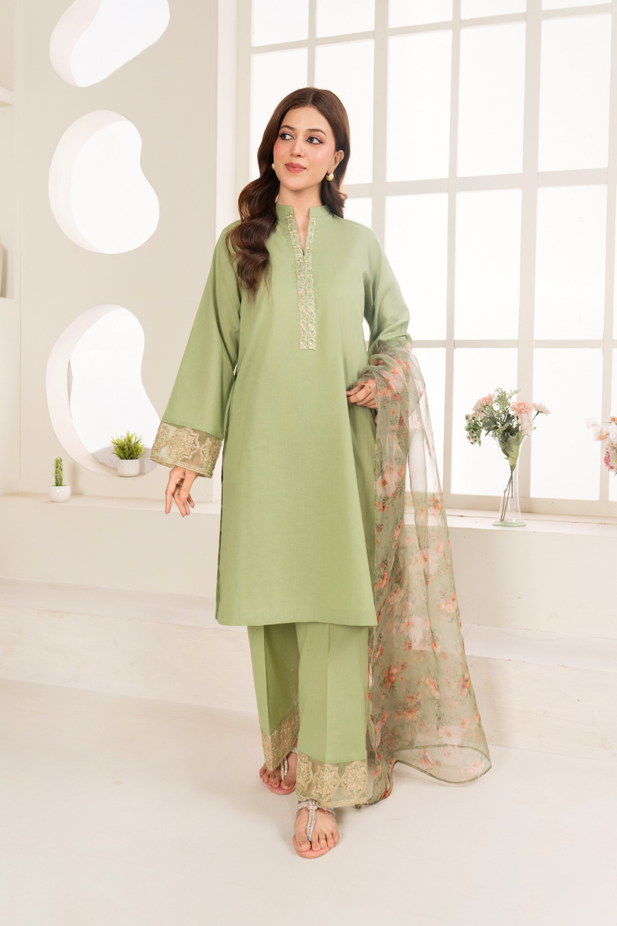 La Rosaa Akgalleria Embroidered Cotton Stitched 3Pc Suit - Zinnia