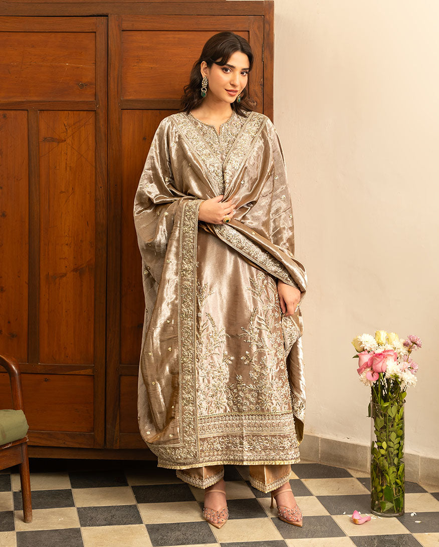 Mushq Sunehri Ramsha Edit Lama Silk Stitched 3Pc Suit - Uswah