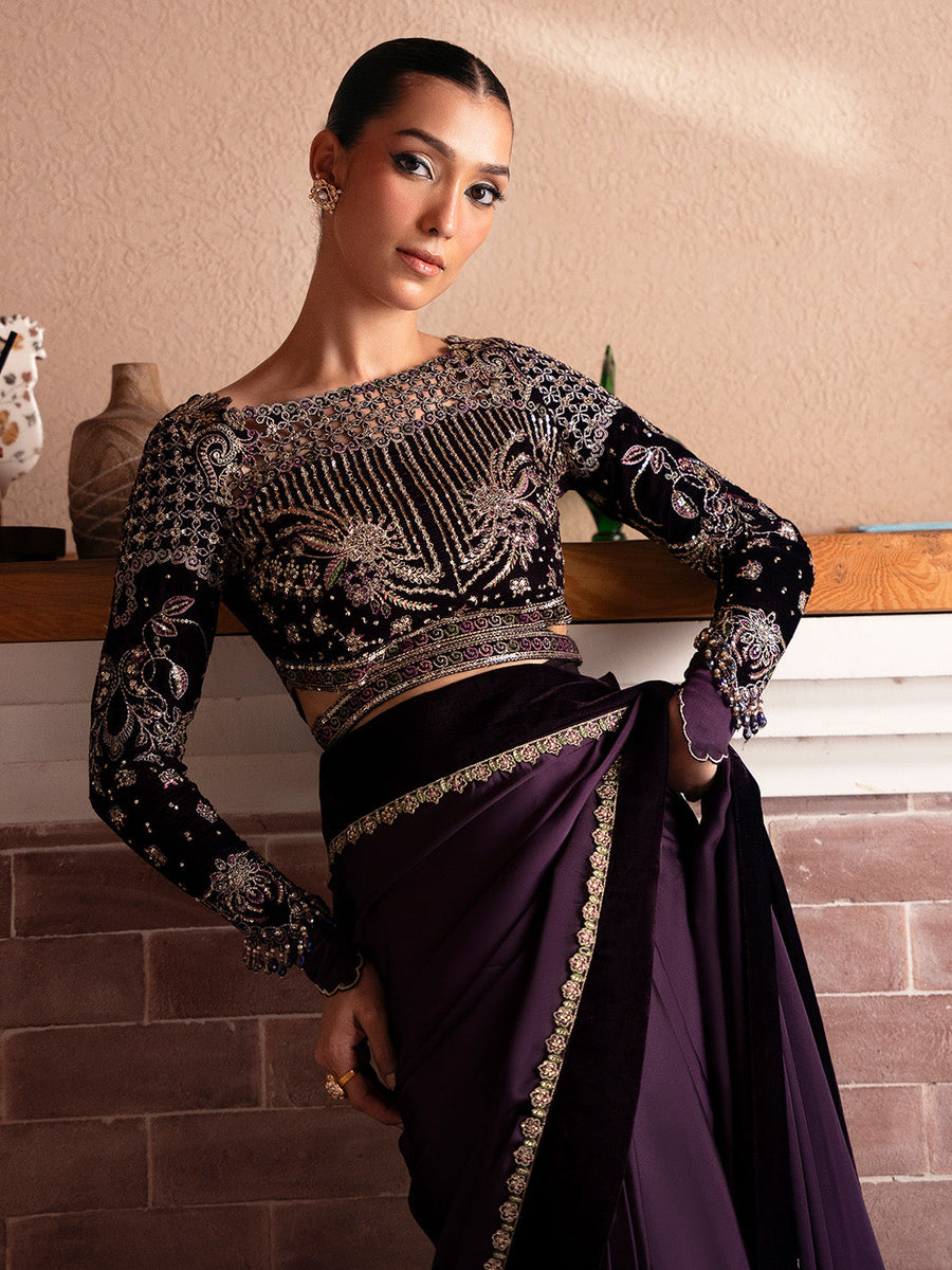 Faiza Faisal Solene Embroidered Velvet Unstitched Saree - VELORA
