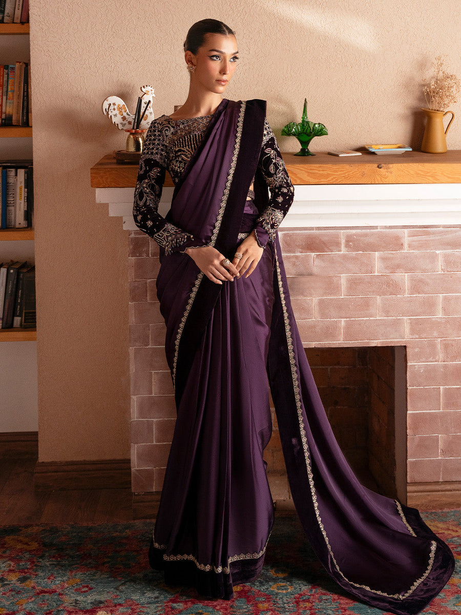 Faiza Faisal Solene Embroidered Velvet Unstitched Saree - VELORA