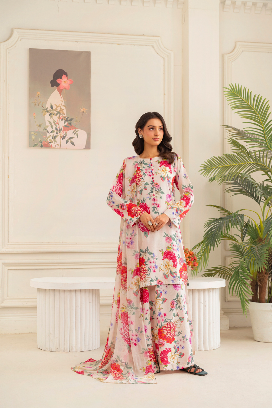 Feathers Frilly Flowers Unstitched Digital Printed Lawn 3Pc Suit VIBREN-FT713