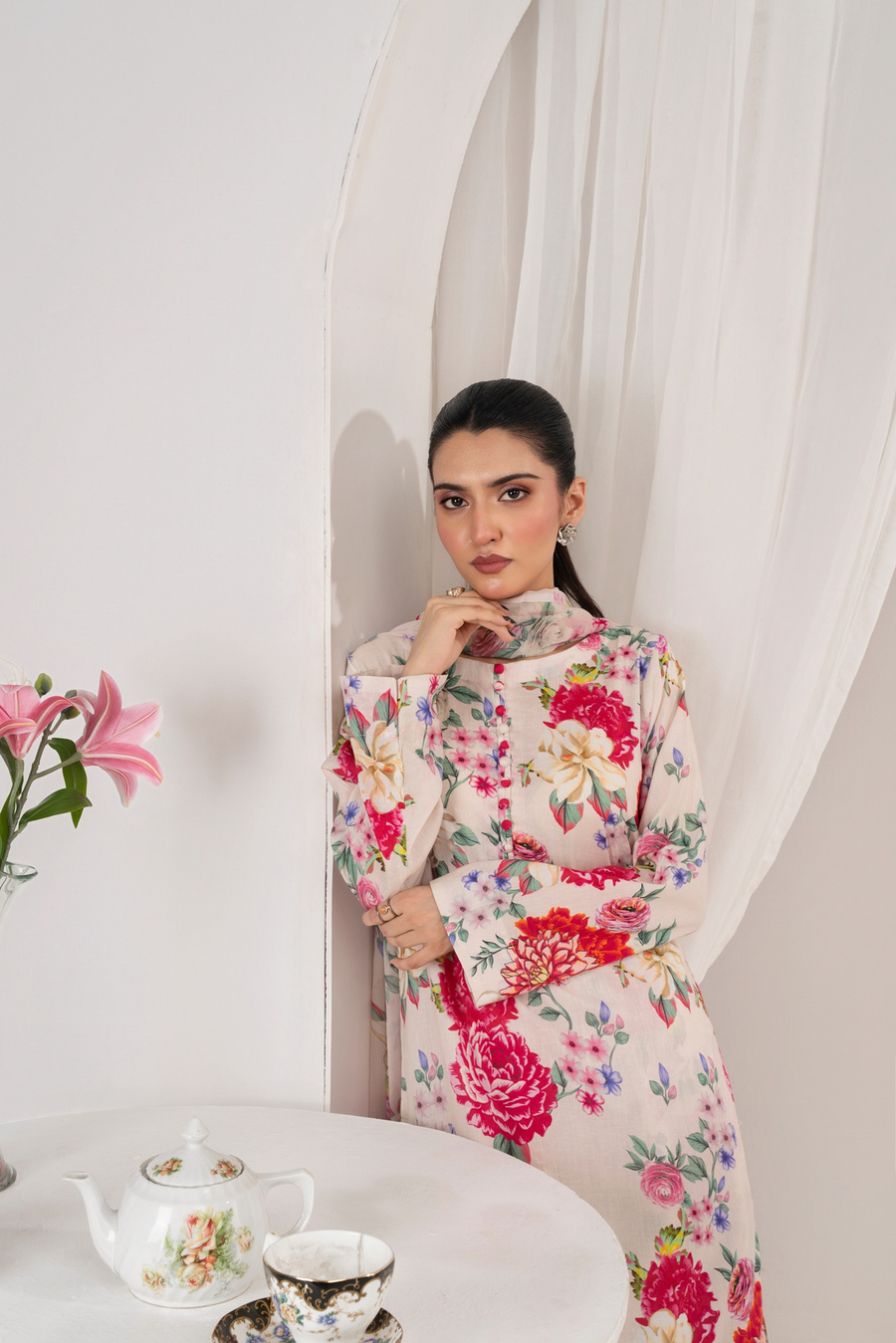 Feathers Frilly Flowers Unstitched Digital Printed Lawn 3Pc Suit VIBREN-FT713