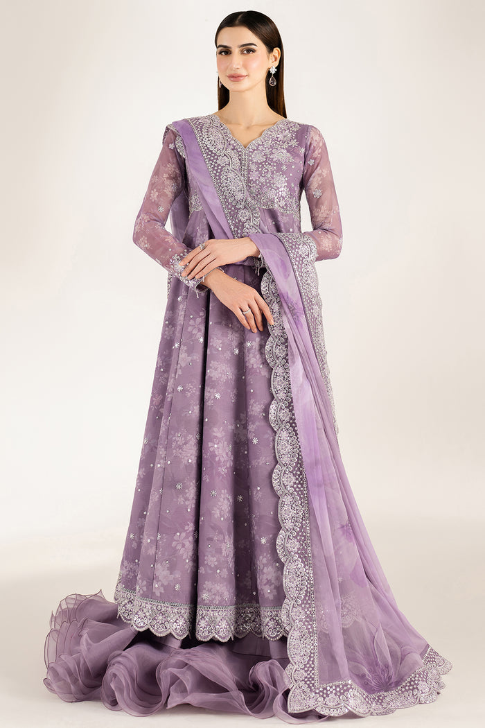 Farasha Fiorella Embroidered Chiffon Unstitched 3Pc Suit - Violet Dreams