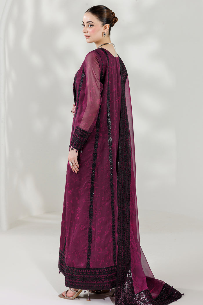 Farasha Fiorella Embroidered Chiffon Unstitched 3Pc Suit - VIOLET ECLIPS