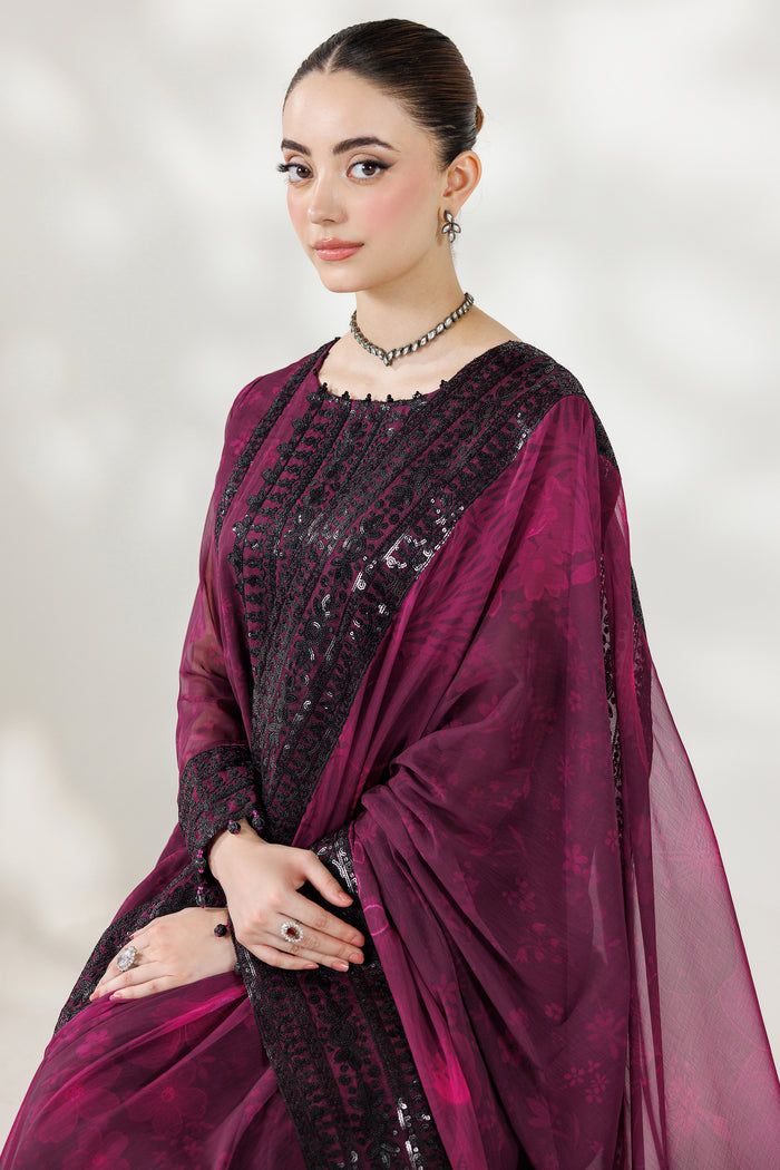 Farasha Fiorella Embroidered Chiffon Unstitched 3Pc Suit - VIOLET ECLIPS