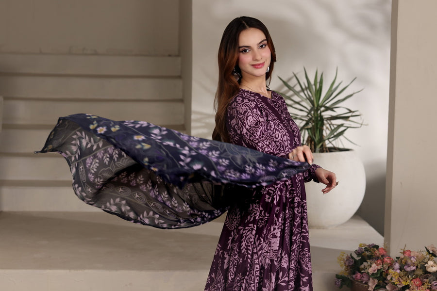 Feathers The Imperial Bloom Printed Lawn Unstitched 3Pc Suit Violet Grove-FT648