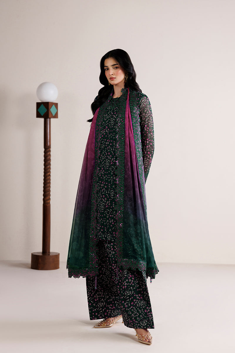 Farasha Fiorella Embroidered Chiffon Unstitched 3Pc Suit - Viridian Tale