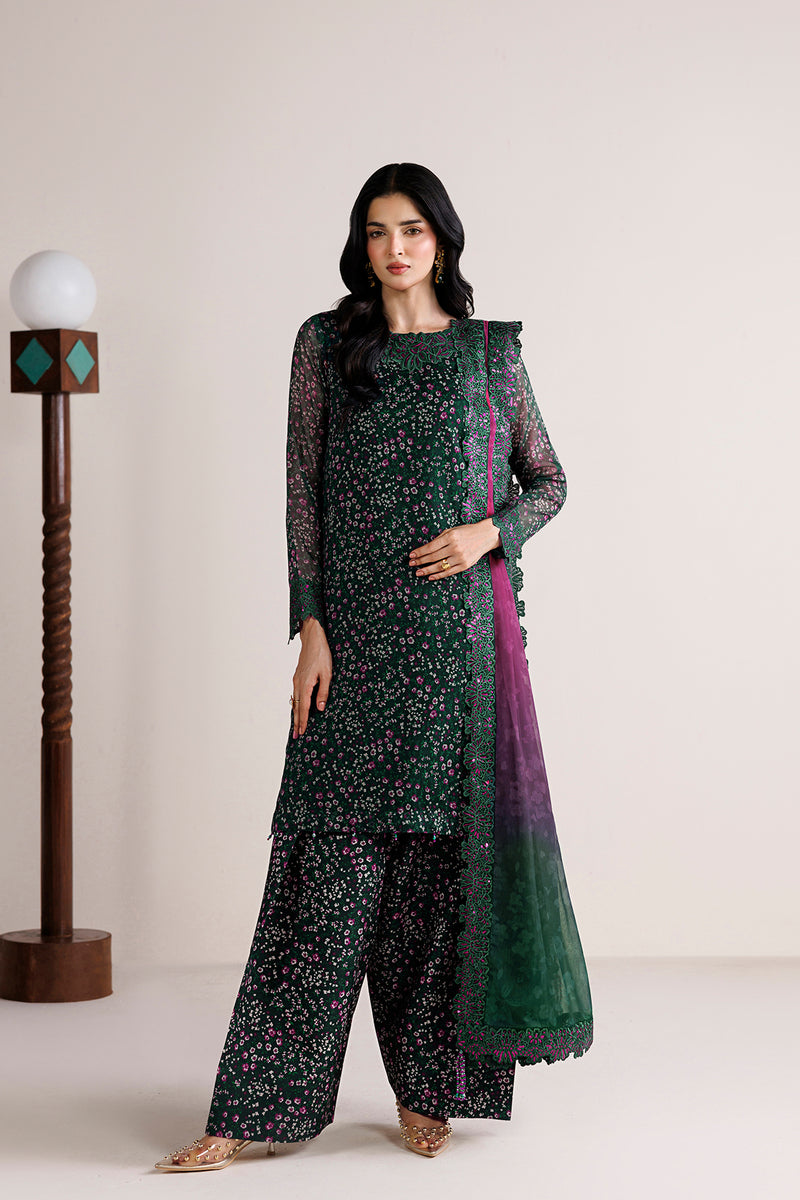 Farasha Fiorella Embroidered Chiffon Unstitched 3Pc Suit - Viridian Tale
