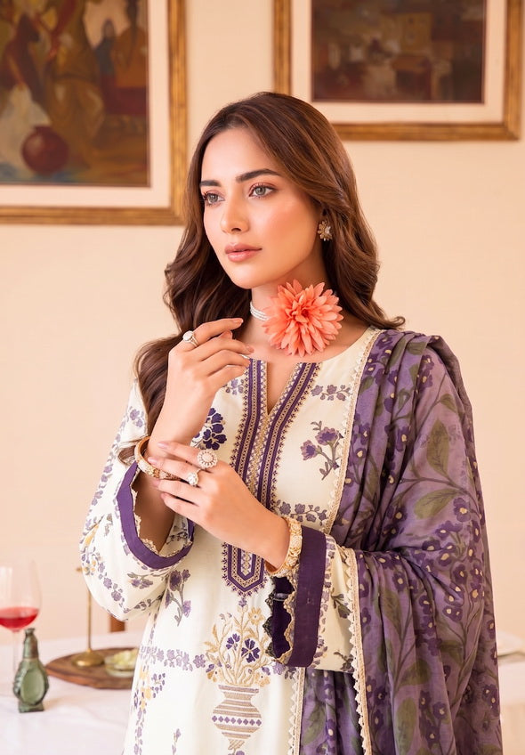 Faiza Faisal FNF Prints Unstitched Lawn 3Pc Suit - WHITY PLUM
