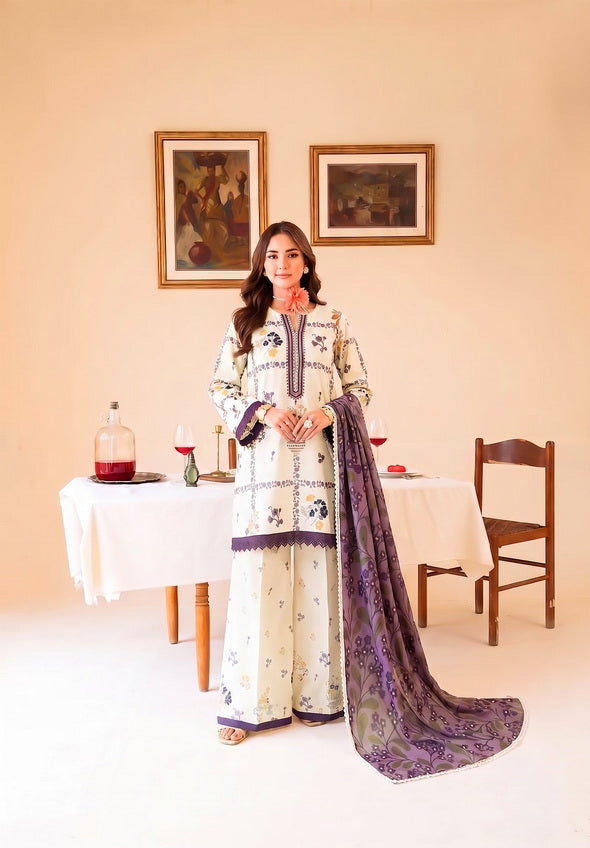 Faiza Faisal FNF Prints Unstitched Lawn 3Pc Suit - WHITY PLUM