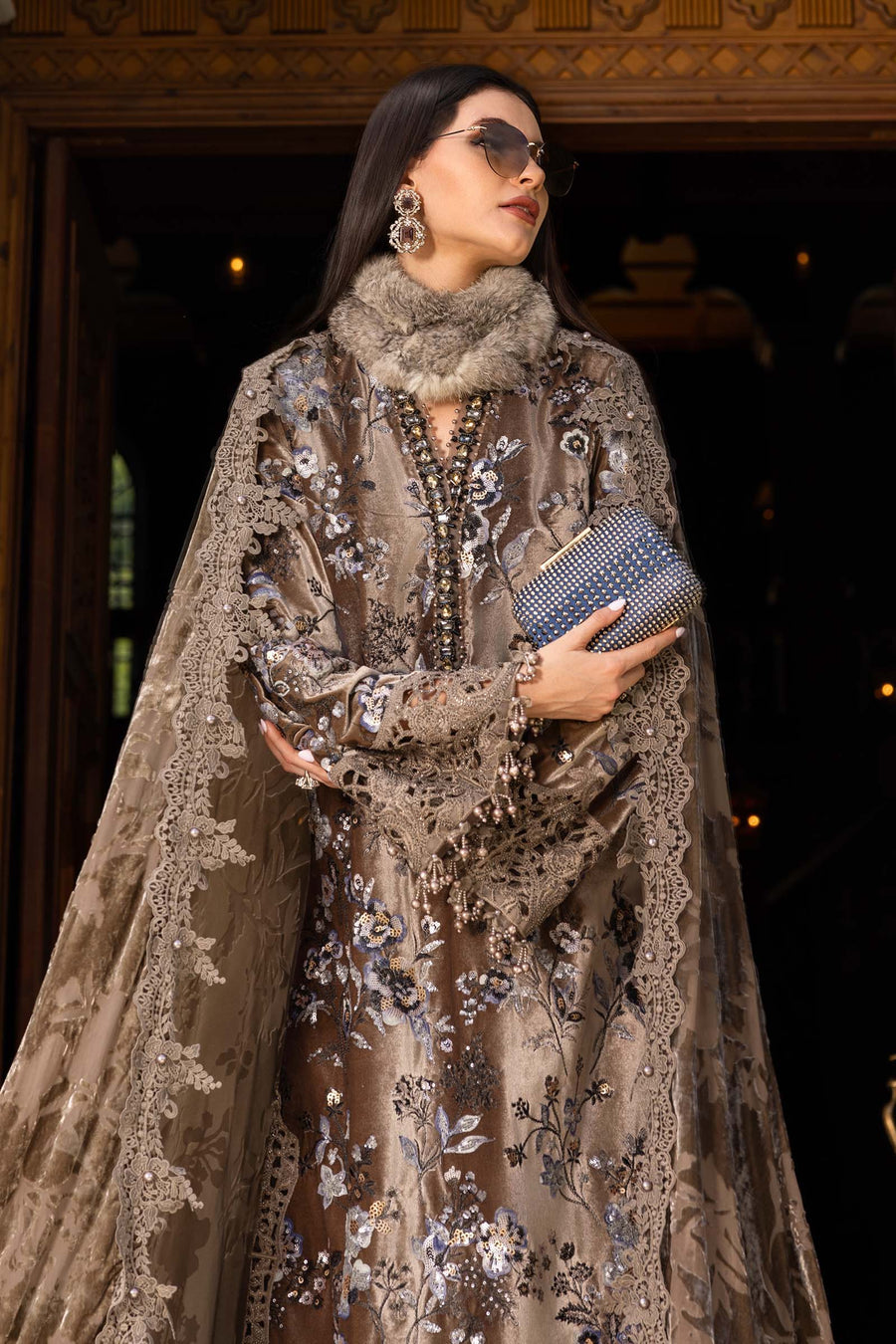Maria.B Winter Luxe Embroidered Velvet Unstitched 3Pc Suit D-03