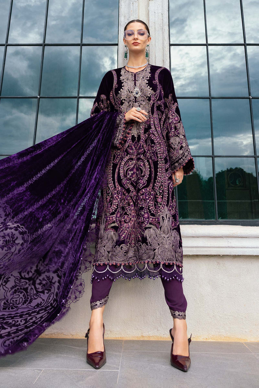 Maria.B Winter Luxe Embroidered Velvet Unstitched 3Pc Suit D-11