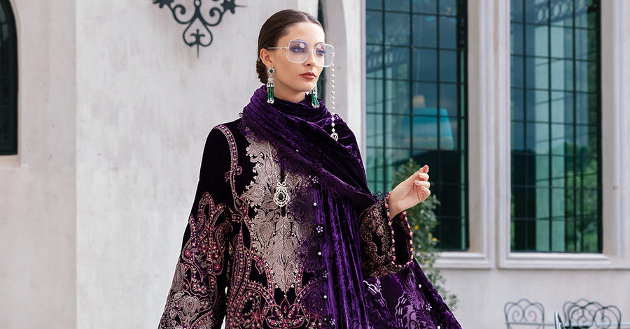 Maria.B Winter Luxe Embroidered Velvet Unstitched 3Pc Suit D-11