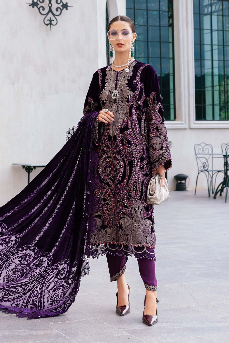 Maria.B Winter Luxe Embroidered Velvet Unstitched 3Pc Suit D-11